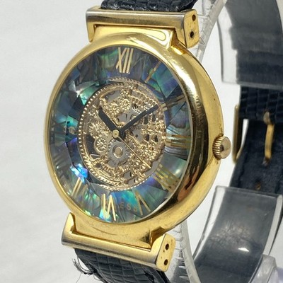 LA Express Womens Watch 35mm Gold Tone Abalone Faux Skeleton Faceted New Battery