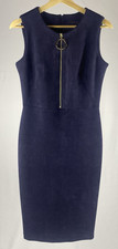 Calvin Klein Navy Blue Faux Suede Sheath Dress Gold Ring Zip EUC Fit sEt. S/4
