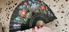 Vintage Hand Painted Spanish Folding Fan - Floral Abanico - Wood Fabric - Flam