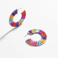 Multi-Color Raffia Wrapped Hoop Earrings Bright Colorful Rainbow Summer Jewelry