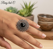 Floral Statement Finger Ring Black Stone Antique Style Ring