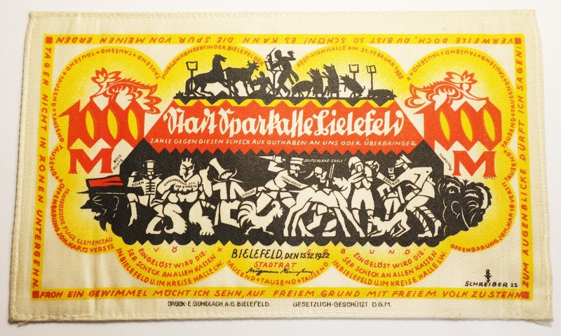 1922 Germany Linen 1000 Mark Bielefeld Banknote Westphalia Notgeld Money