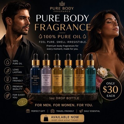 Pure Body Fragrance 100% Pure Oil Perfume 1 oz Dropper Bottle Long Lasting