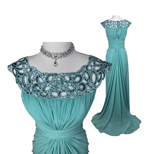 Vintage Aqua Goddess Gown: Draped Maxi Dress with Beaded Neckline