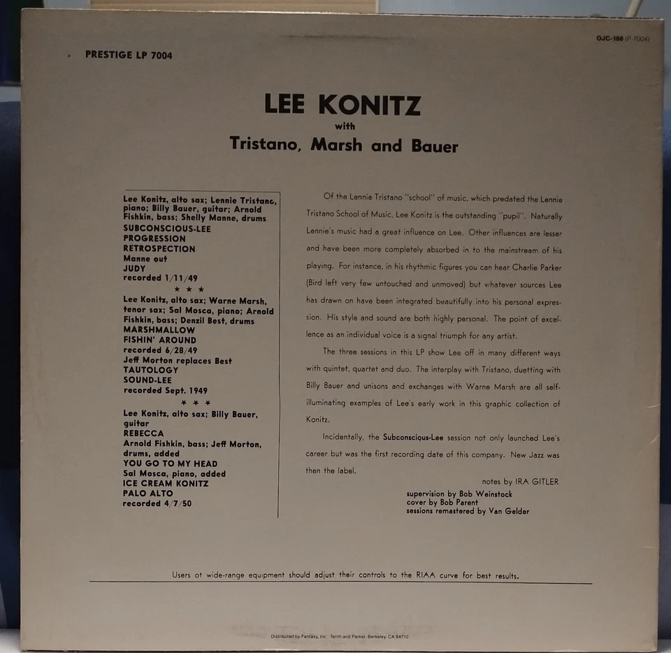 LEE KONITZ Subconscious-Lee SCARCE EXC PRESTIGE LP OJC Reissue BILLY BAUER Jazz - Image 3 of 4