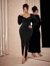 Women's Black Maxi Dress, Front Split, Pearl Trim, Size 20, Stretch to Fit BNWT