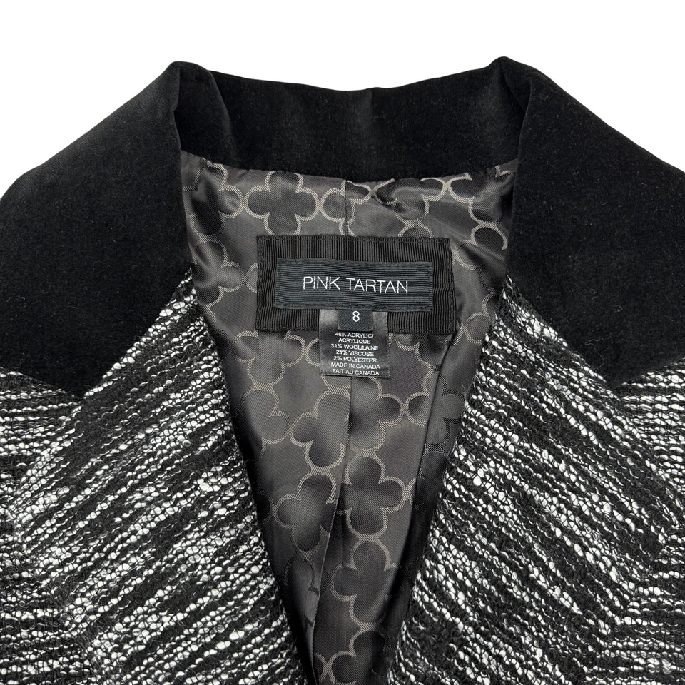 PINK TARTAN Wool Blend Black Velvet Trim 3 Button Blazer Jacket Sz 8 White Black - Image 4 of 4