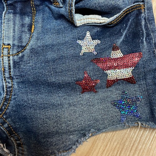 So Red White Blue Silver Sparkle Sequined Star Embellished Denim Jean Shorts - Picture 4 of 6