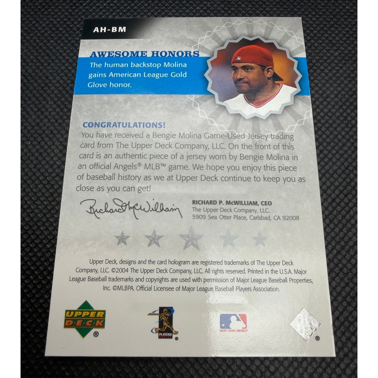 2004 Upper Deck Awesome Honors Bengie Molina Game Used Jersey Card AH-BM Angels view 3