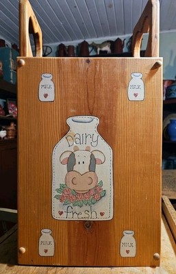 Wood Storage Bin Hand Painted Cow Fresh Dairy Bottles Milk Heart Ends Vtg