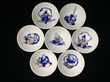 C0854 Japanese Pottery Sake Cup SAKAZUKI Set 7pc Vintage Signed Lucky Seven Gods