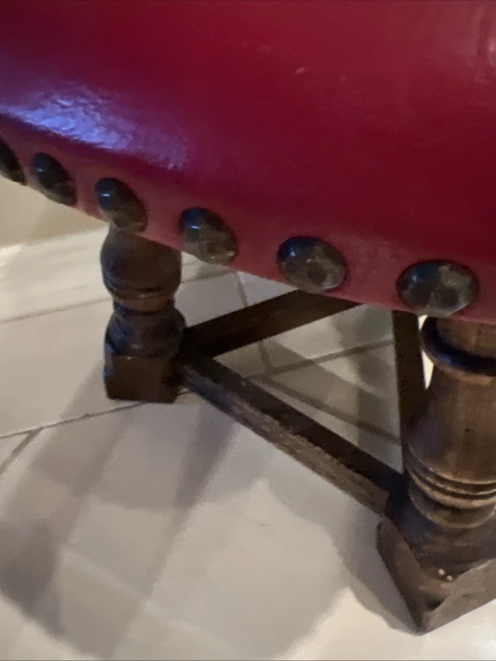 Primitive vintage triangle foot stool with wood legs Nailhead Trim 12” H - Image 4 of 4