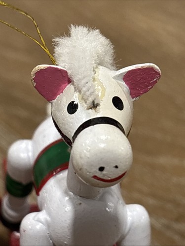 (2) VTG Hand Painted White Wooden Rocking Horse W/White Hair Christmas Ornaments - Picture 12 of 16