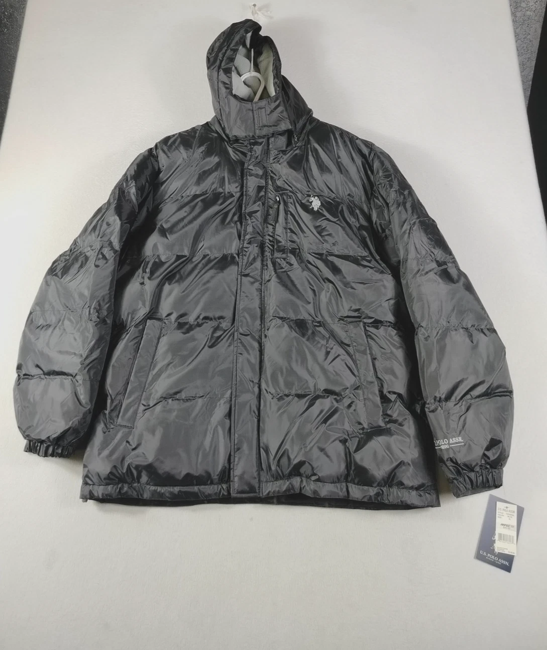 U.S. Polo Assn Jacket Mens XL Black Hooded Puffer Fleece Lined Full Zip Winter