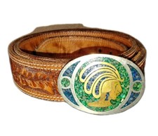 Turquoise  Silver Inca Indian Design Belt Buckle  Western Tooled Leather Belt