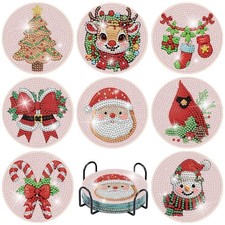 8 Pcs Christmas Diamond Art Coasters Kit with Holder 4 x 4 Inch