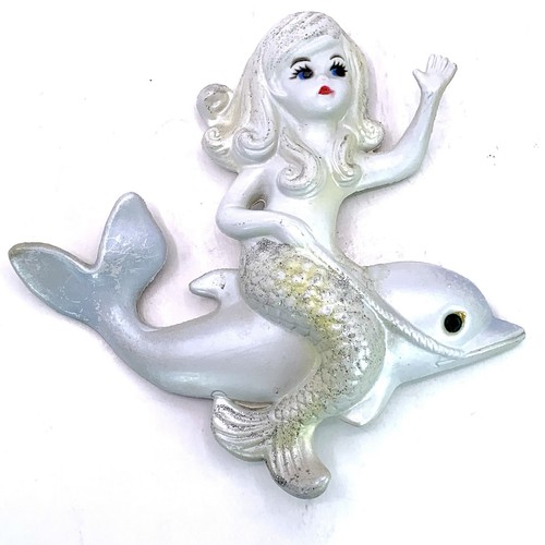Vintage Meerjungfrau reitet auf einem Delfin Wandbehang Kunststoff Kitsch Made in Hong Kong - Bild 12 von 15