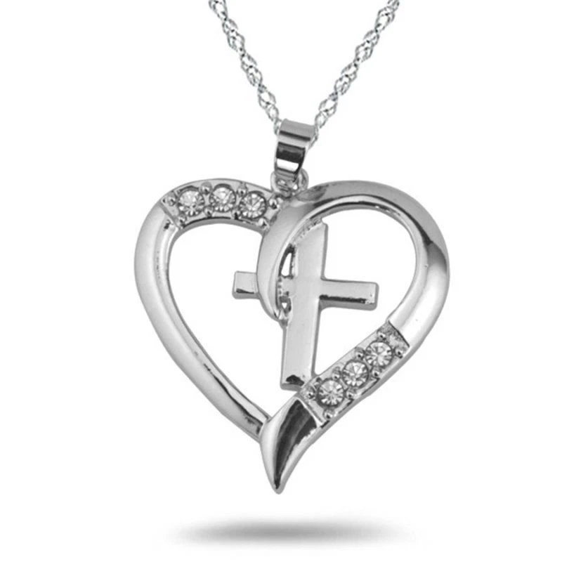 Cristal CRUZ AMOR CORAZÓN FE Colgante PLATA 925 22" Collar Mujer Foto 2 de 4