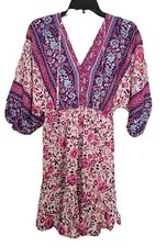 Women's Boho Multicolor Floral Print Ruffle Dolman Sleeves Sun Dress Size Small