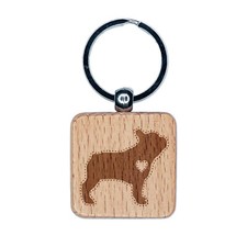 French Bulldog Dog with Heart Engraved Wood Square Keychain Tag Charm