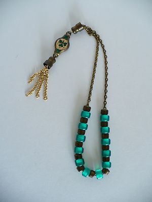 Vintage Worry Beads Green Brown Bakelite Beaded Chain w Shamrock Clover