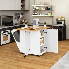 Drop-Leaf Kitchen Island Folding Trolley Cart Wood Storage Cabinet W/ Trash Can