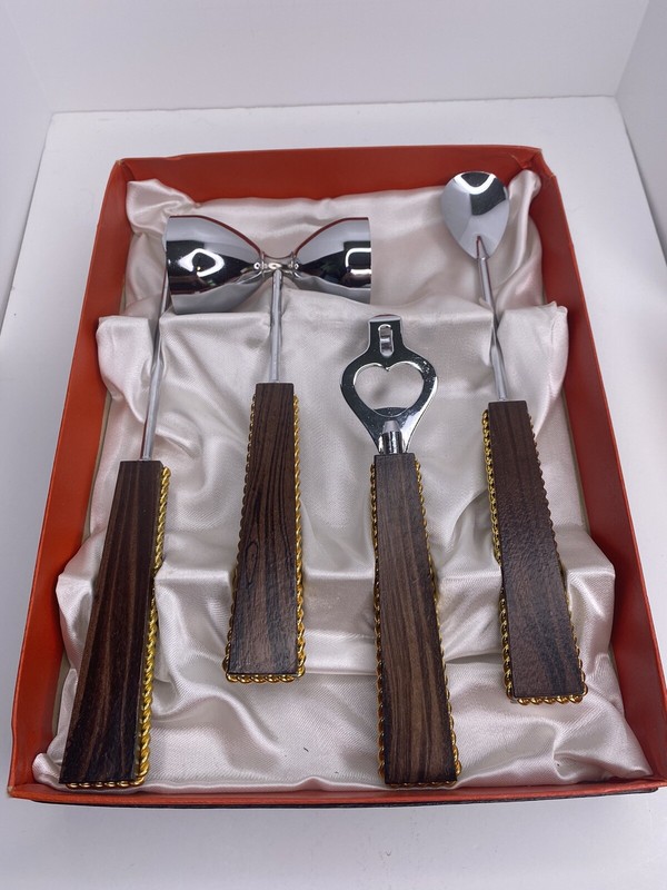 VTG 4pc. Bar Set Tools MCM Mid-Century in original satin lined box