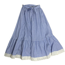 Vintage 80s Prairie Skirt Womens S Blue Swing Circle Striped Eyelet Lace