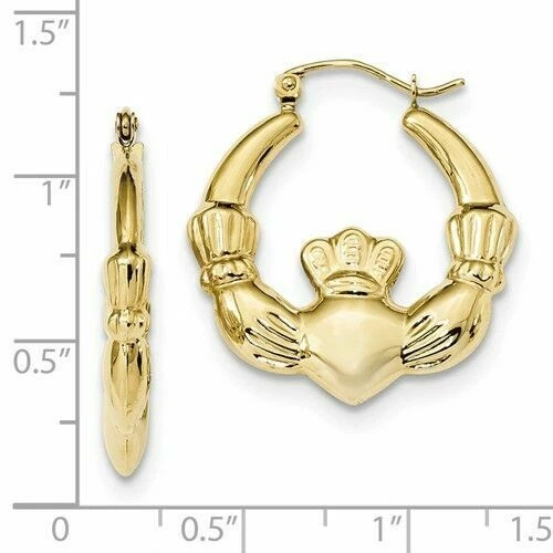 10K Solid Yellow Gold Claddagh Irish Ladies Pierced Hoop Earrings 1.07"X1.07" Foto 3 de 3
