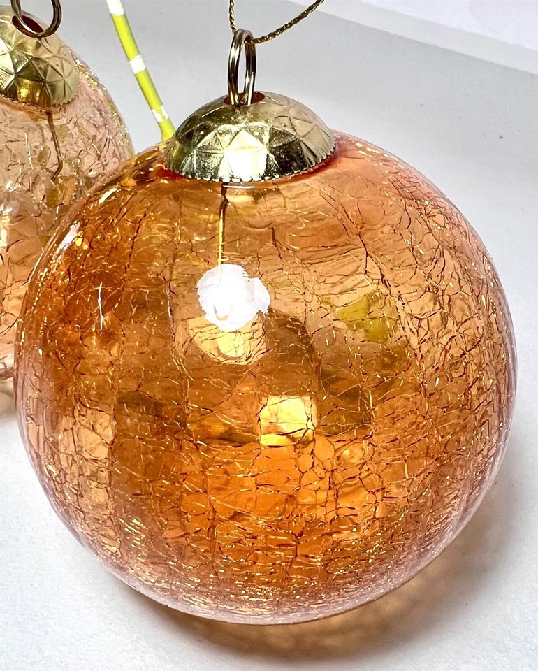 TRIMSETTER DILLARDS "2 CRACKLE GLASS ORANGE BALL ORNAMENTS" NEW * FREE