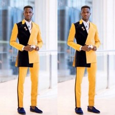 Fashion Men's Suits Splicing Color Wide Peak Lapel Prom Banquet Tuxedos Pants