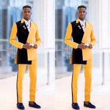 Fashion Men's Suits Splicing Color Wide Peak Lapel Prom Banquet Tuxedos Pants