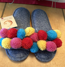 PJ Couture Women's Slippers Size 9-10 L Colorful Fuzzy Pom Poms Balls NEW FUN