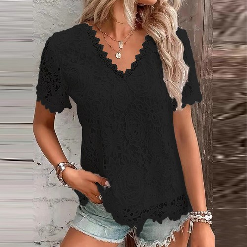 Damen Elegant Spitze Bluse Hemd V-Neck Sommer T-Shirt Oberteile Kurzarm Tunika - Bild 15 von 29