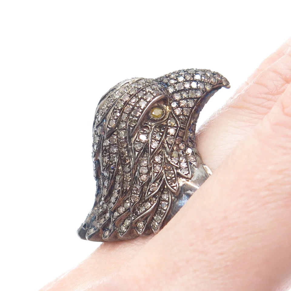 Anillo de águila de diamantes reales de rodio negro y oro de 14 quilates de plata de ley 925 talla 8 Foto 2 de 4