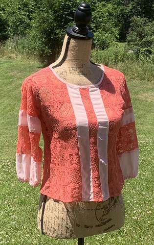 Juniors Medium GB Girls Hand Dyed Coral Orange Sheer Lace Long Sleeve Top - Picture 4 of 4