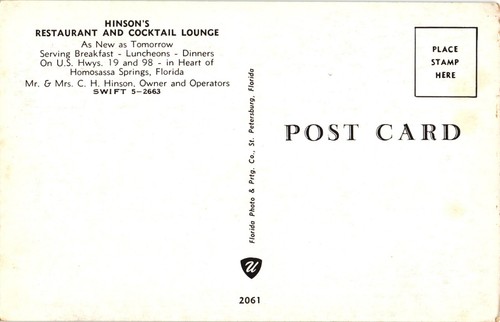 Postcard: Hinson's Restaurant & Lounge -- Homosassa Springs -- Florida -- USA - Picture 2 of 2