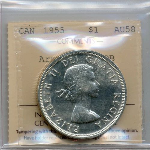 1955 Canada Silver Dollar ARNPRIOR with Die Break - ICCS AU 58