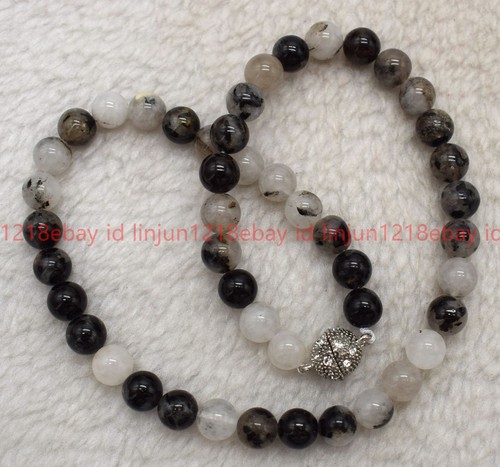 Natural 8/10mm Black Rutilated Quartz Round Gemstone Beaded Necklace 16-32in - Picture 10 of 12