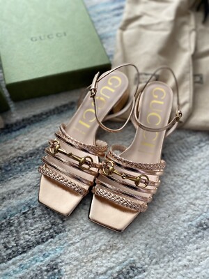 Gucci women's Horsebit  Logo Metallic Leather Strap Sandals 36 Color Salmone NIB