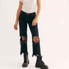 NWT Free People Black Maggie Mid-Rise Straight-Leg Distressed Jeans Sz 31
