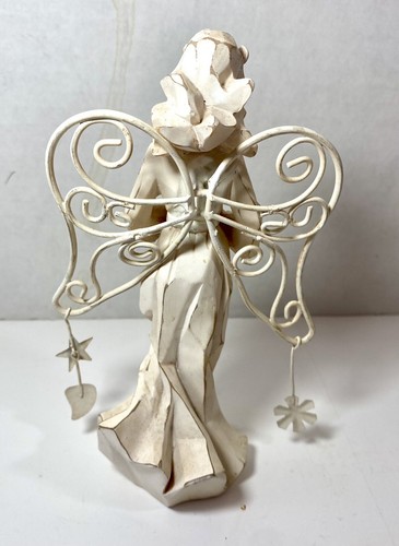Angel Figurine Wire Wings Holding Heart Flowing Hair 7 In Carved look Resin - Picture 2 of 2