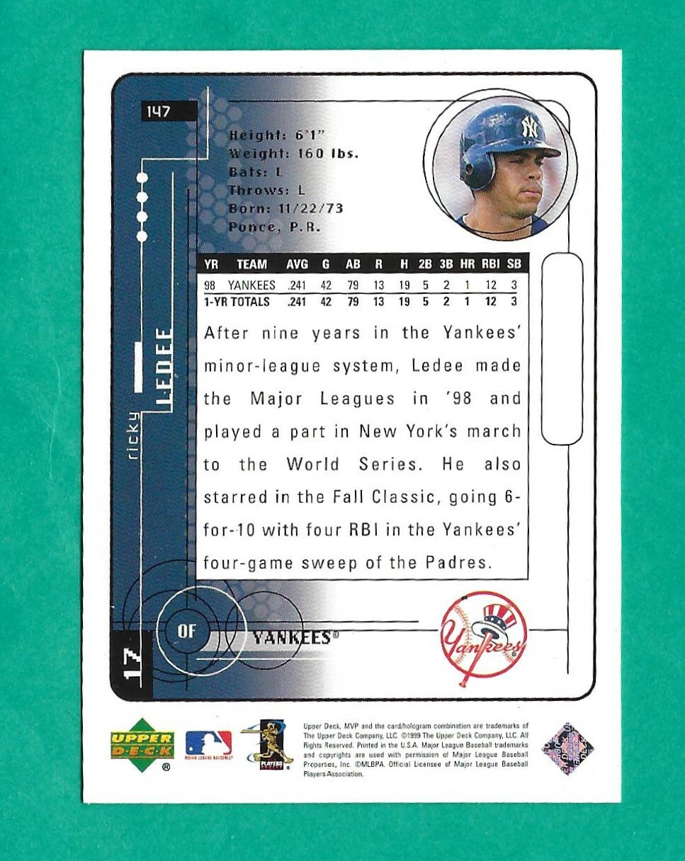 1999 Upper Deck Baseball - Ricky Ledee #147 Yankees - Silver Autograph - Picture 2 of 2