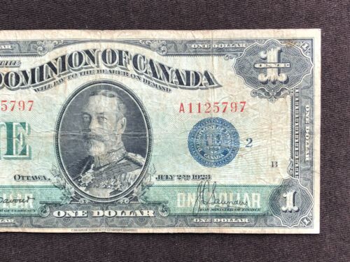BANKNOTE DOMINION OF CANADA 1923 $ 1 EIN DOLLAR #A1125797 BLAUES SIEGEL - Bild 3 von 6