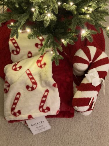 NWT Bella Lux Candy Cane Faux Fur Throw Blanket & Candy Cane Pillows Set