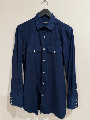$890 TOM FORD 15.5 39 Blue Darker Denim Western Snap Button Shirt Older Design
