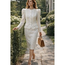 Vintage 90 s Jessica McClintock White Linen Lace Skirt Suit 12 Pearl Buttons EUC