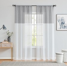 Gray and White Stripe Sheer Color Block Window Curtain Panel Linen Drape Trea...