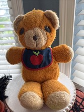 Vintage Fisher Price 1975 Freddy Teddy Bear Squeaker Orange Apple Bib 12  Plush