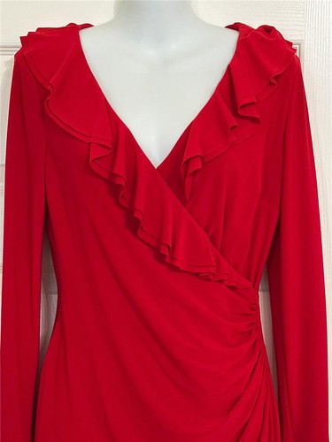 Lauren Ralph Lauren Green Label gerafftes rotes Kleid mit V-Ausschnitt Größe 6 neu mit Etikett - Bild 5 von 9